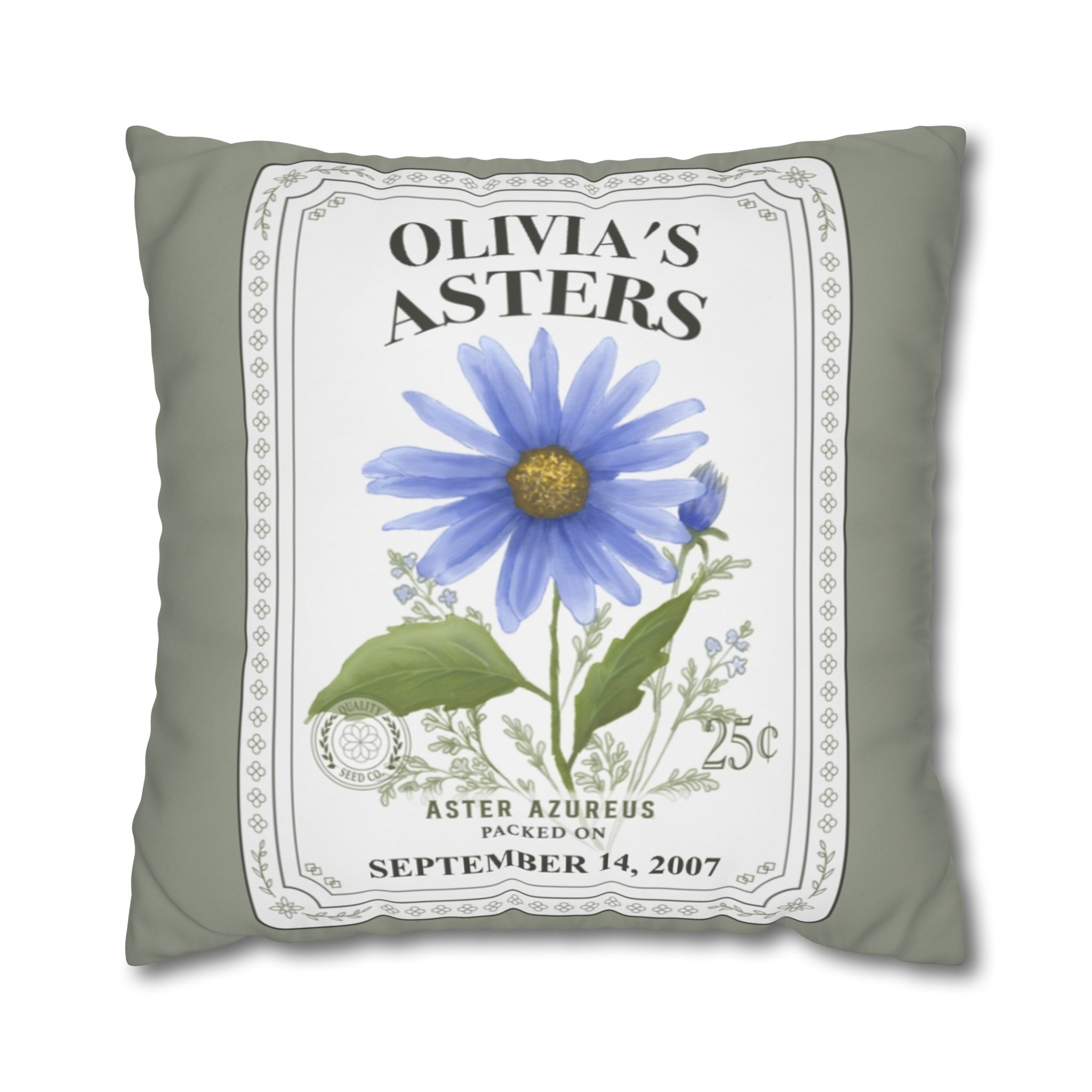 Personalized Birth Flower Pillow Cover - Custom Throw Pillow with Name and Date in Vintage Seed Packet Design