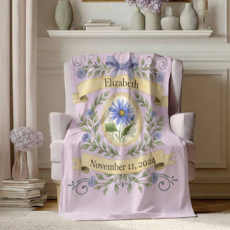 Personalized Birth Flower Blanket - Custom Name and Date Gift with Elegant Floral Design