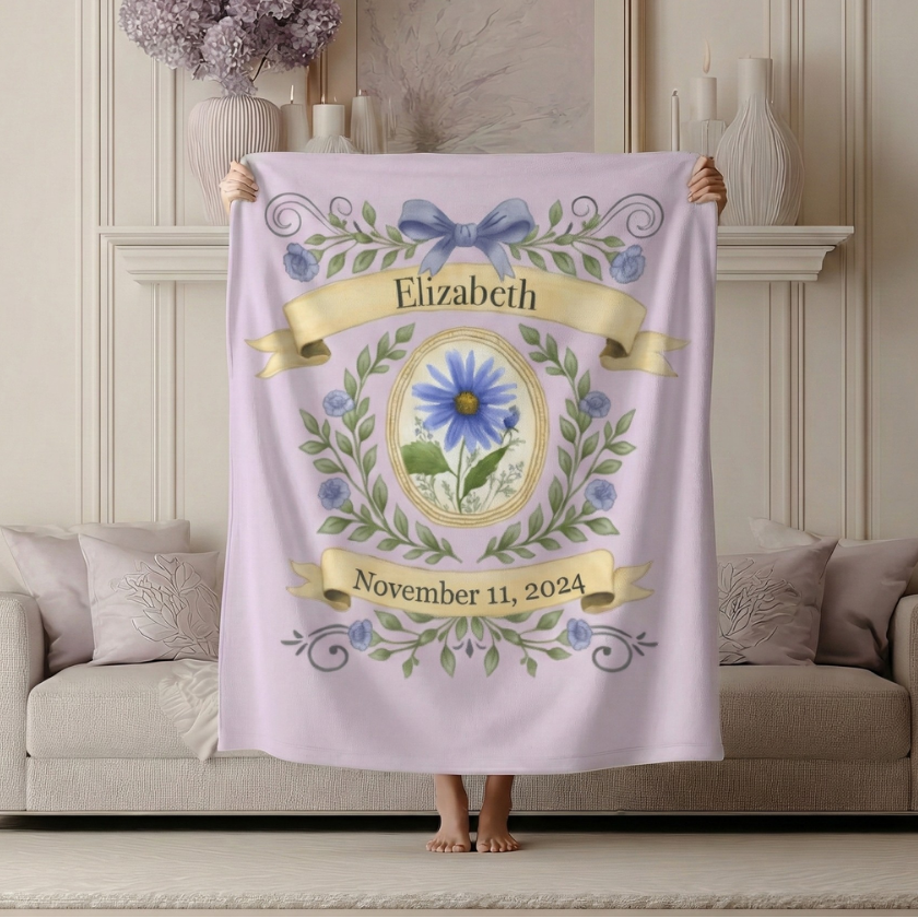 Personalized Birth Flower Blanket - Custom Name and Date Gift with Elegant Floral Design