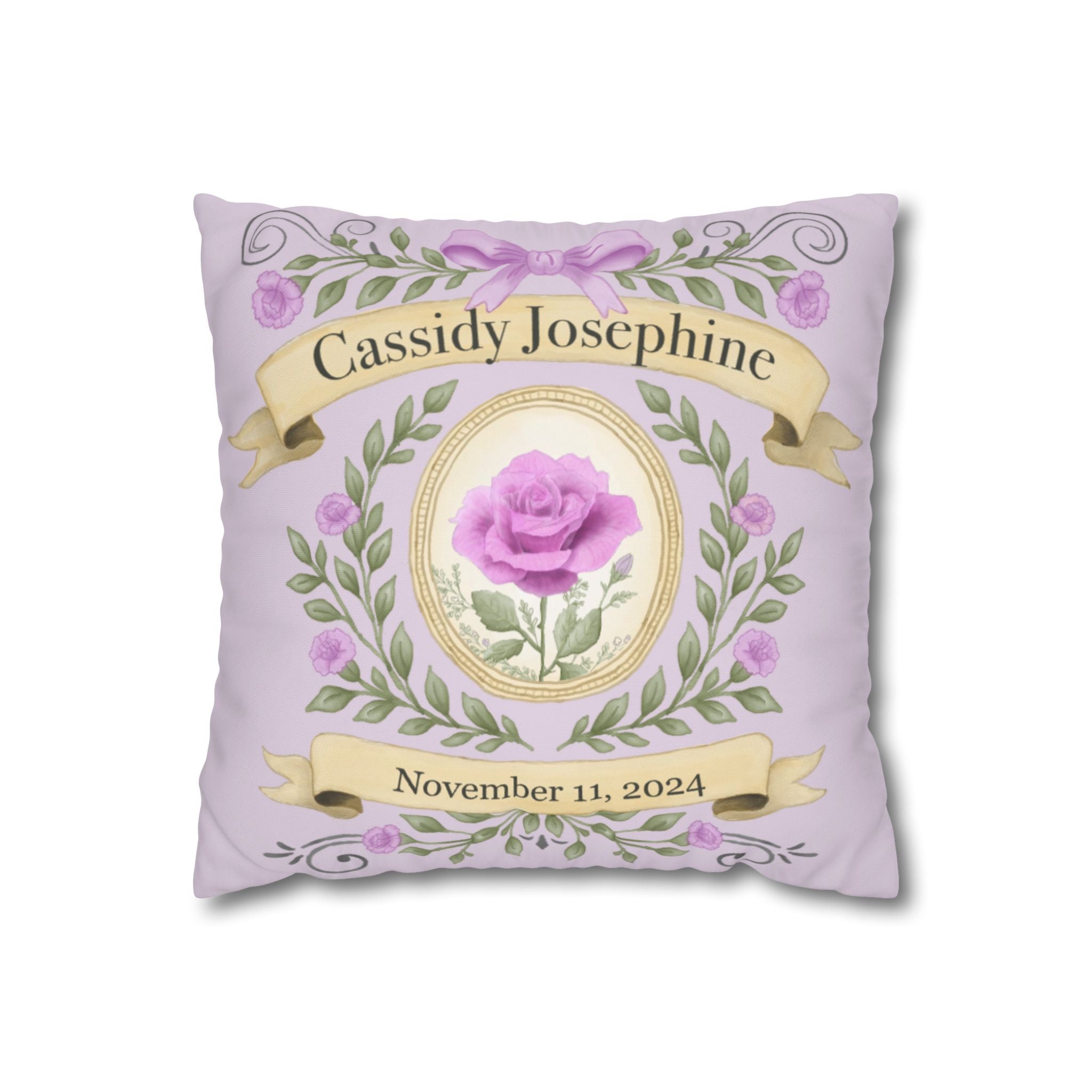 Personalized Birth Flower Pillow Cover - Custom Throw Pillow with Name and Date in Elegant Floral Design