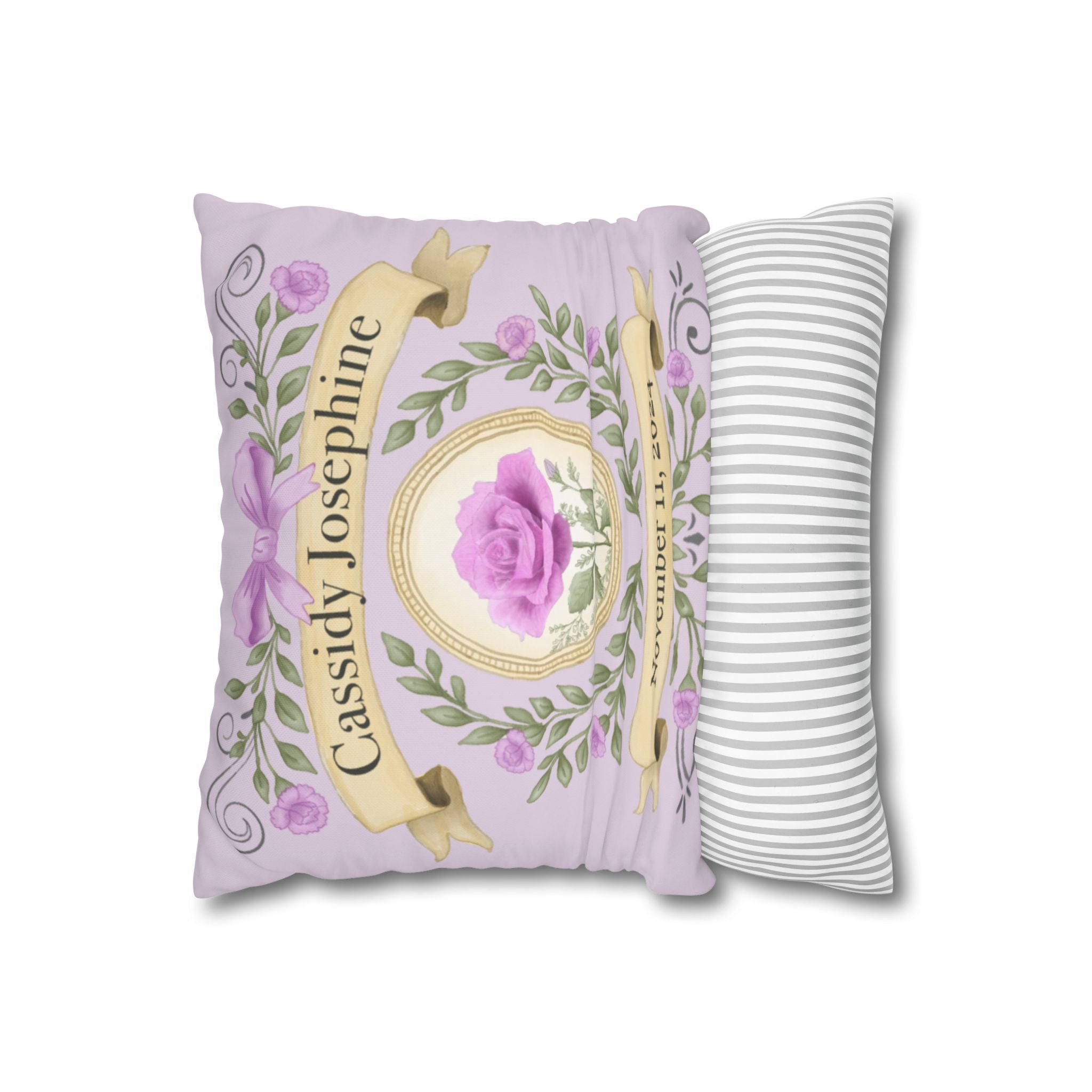 Personalized Birth Flower Pillow Cover - Custom Throw Pillow with Name and Date in Elegant Floral Design