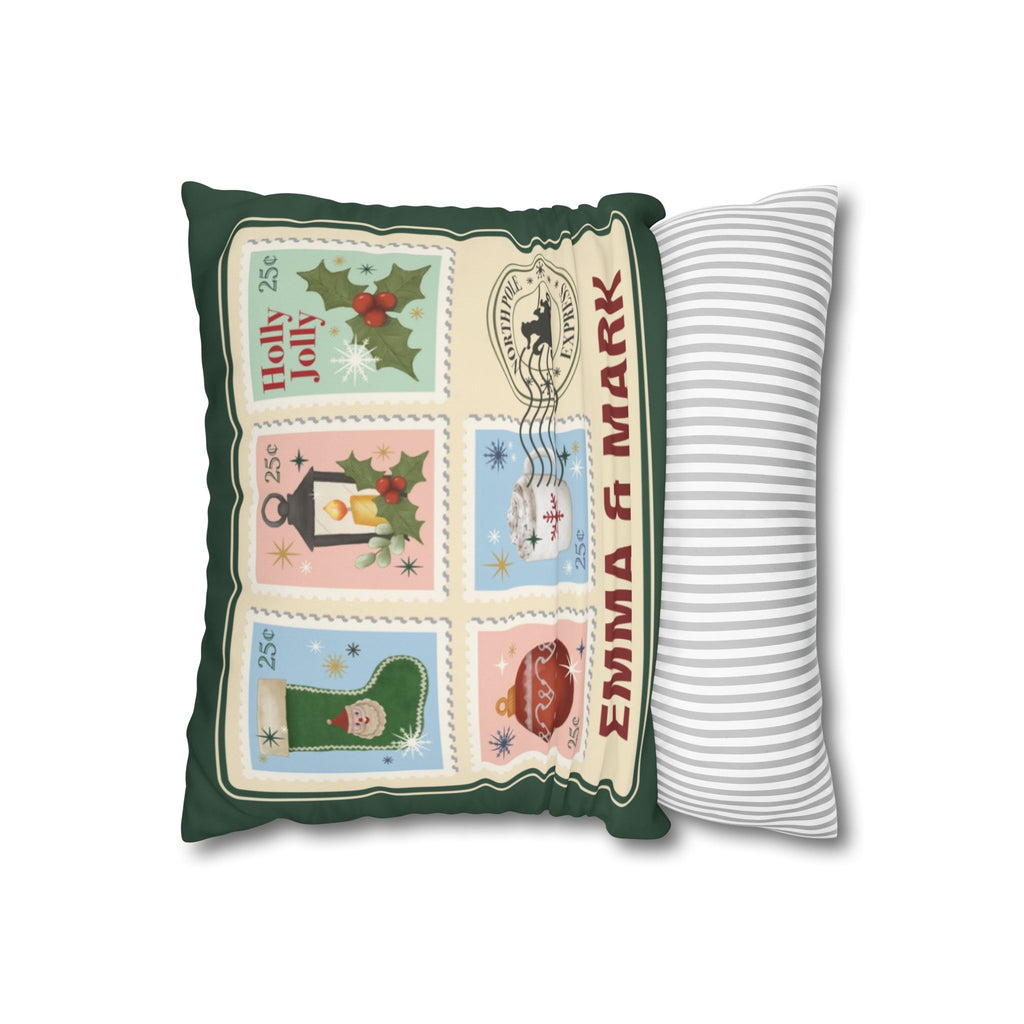 Personalized Christmas Pillow Cover - Custom Holiday Throw Pillow with Names in Vintage Stamp Design