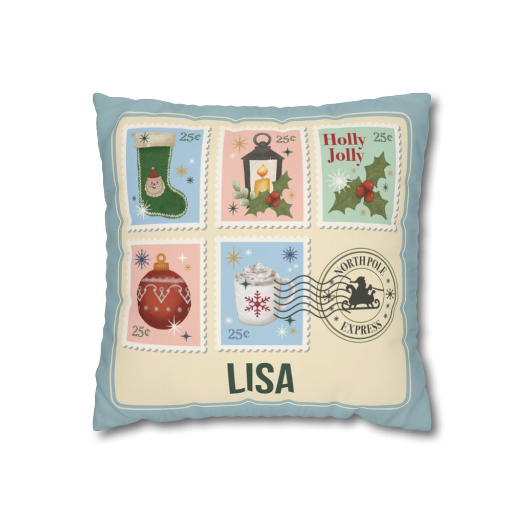Personalized Christmas Pillow Cover - Custom Holiday Throw Pillow with Names in Vintage Stamp Design