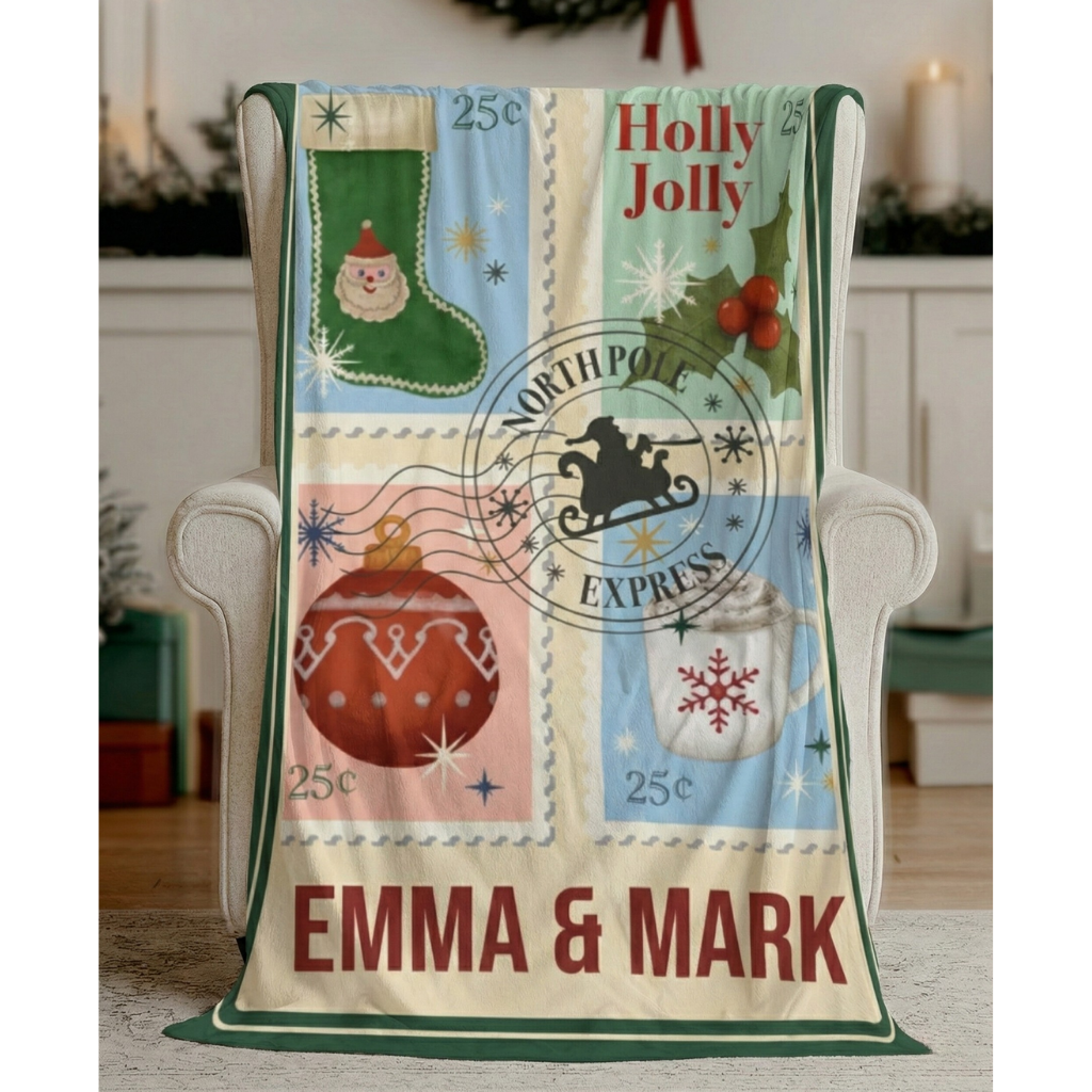 Personalized Christmas Blanket - Custom Holiday Stamp Design with Names