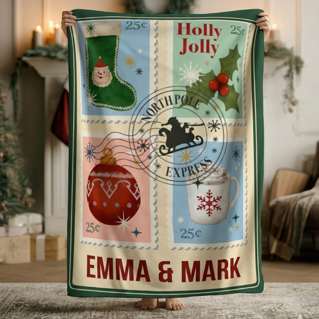 Personalized Christmas Blanket - Custom Holiday Stamp Design with Names
