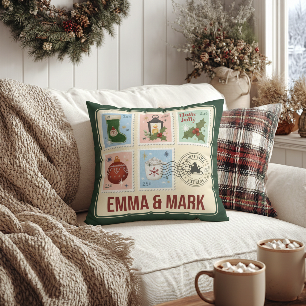 Personalized Christmas Pillow Cover - Custom Holiday Throw Pillow with Names in Vintage Stamp Design