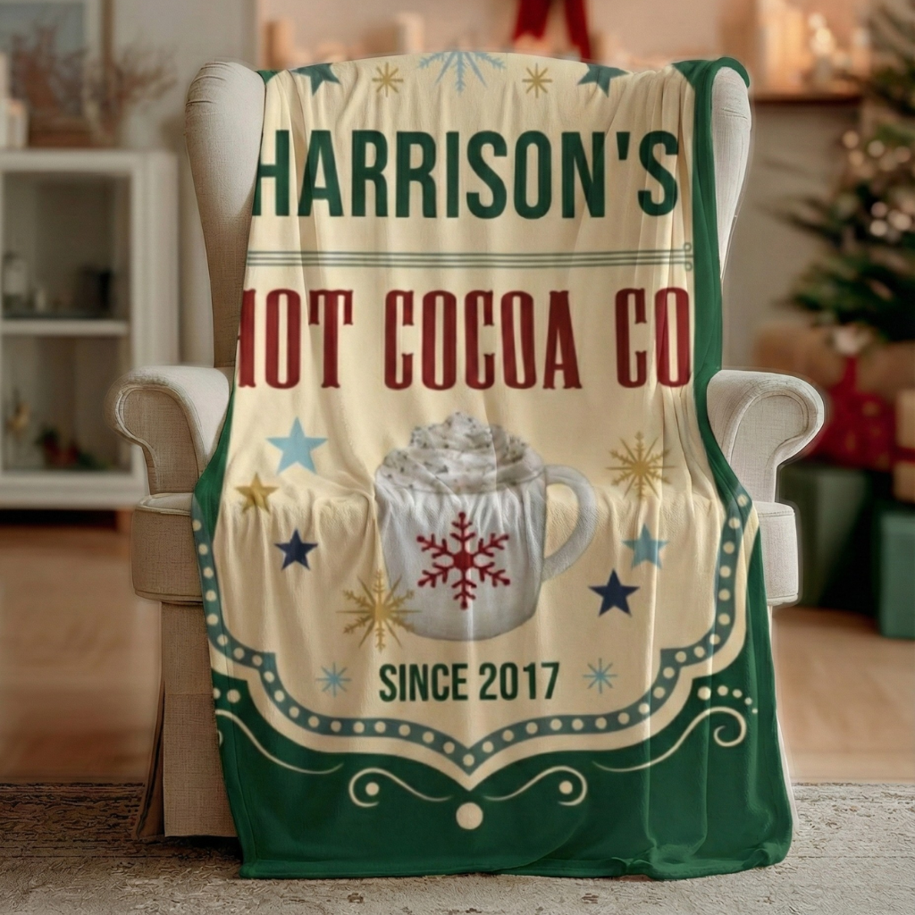 Personalized Christmas Blanket - Custom Holiday Gift with Family Name and Hot Cocoa Design