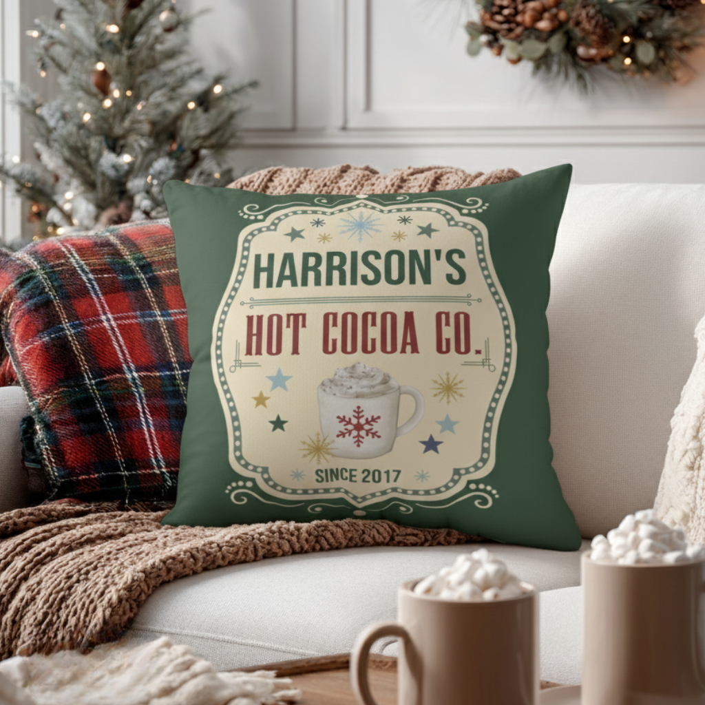 Personalized Hot Cocoa Pillow Cover - Custom Holiday Throw Pillow with Name and Vintage Design