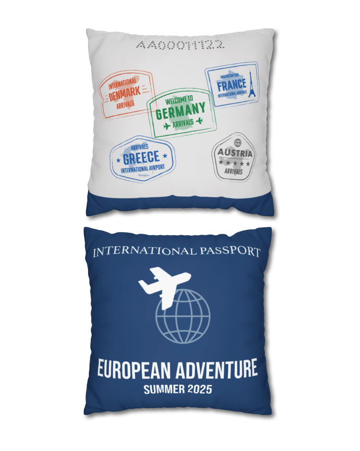 Personalized Travel Pillow Cover - Custom Passport Design with Country Stamps, Trip Details and Dates