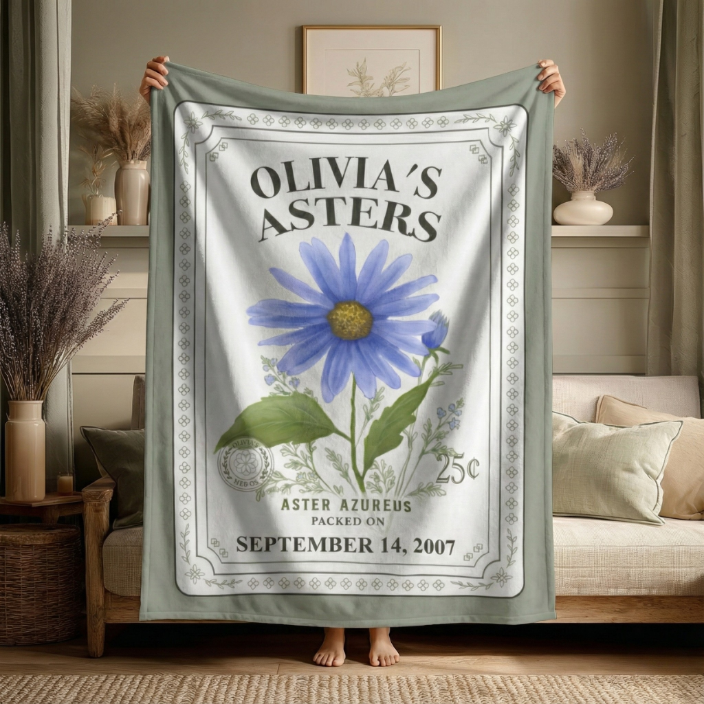 Personalized Birth Flower Blanket - Custom Gift with Name, Date and Vintage Botanical Design
