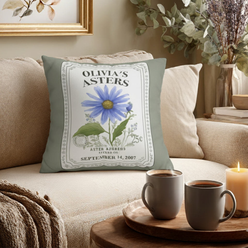 Personalized Birth Flower Pillow Cover - Custom Throw Pillow with Name and Date in Vintage Seed Packet Design