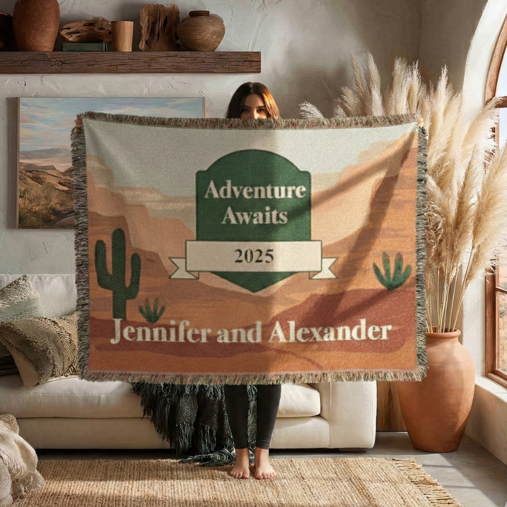 Personalized Woven Blanket - Custom Throw with Names and Year in Desert Design
