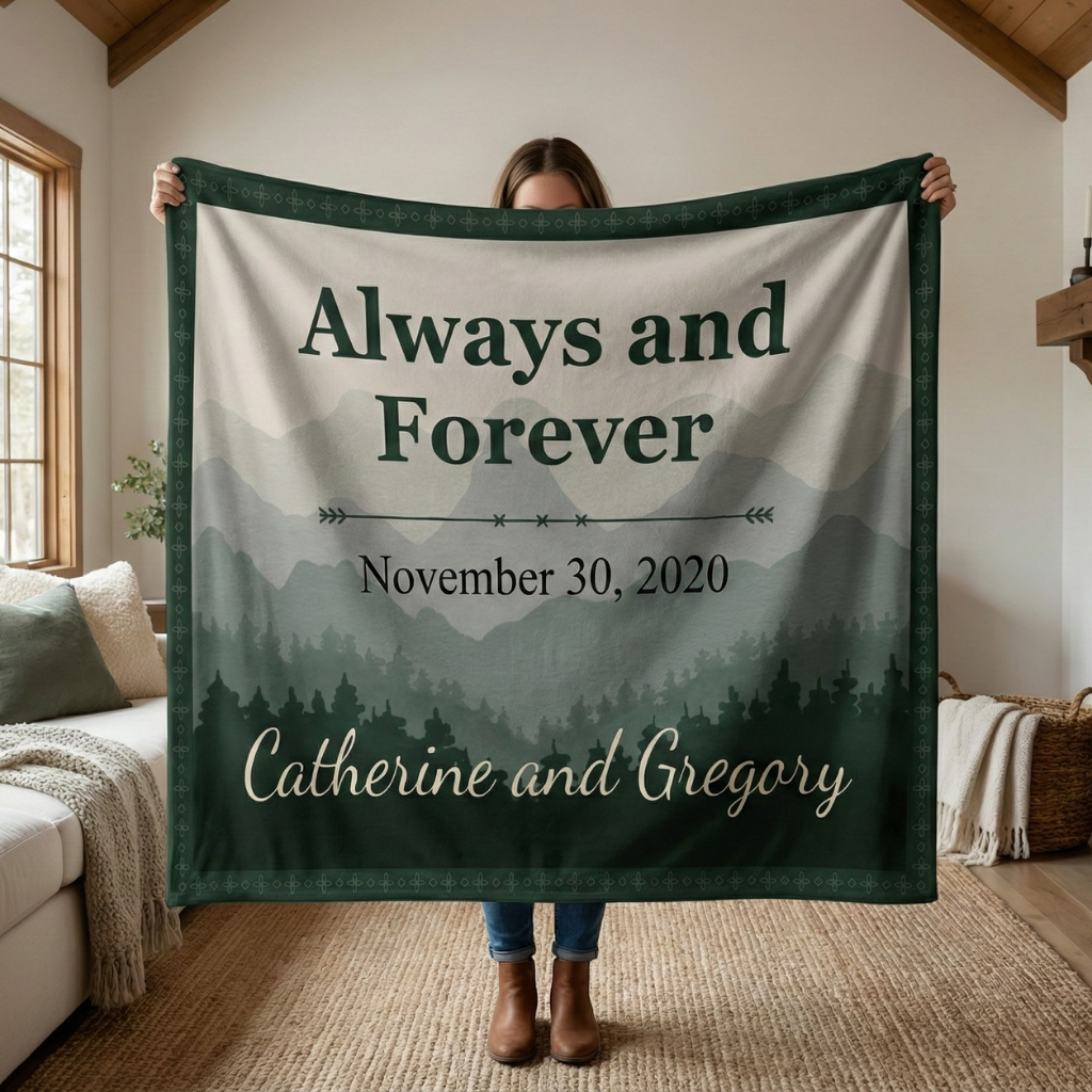 Personalized Blanket with Names and Date - Custom Mountain Landscape Throw for Weddings, Anniversaries, and Special Occasions