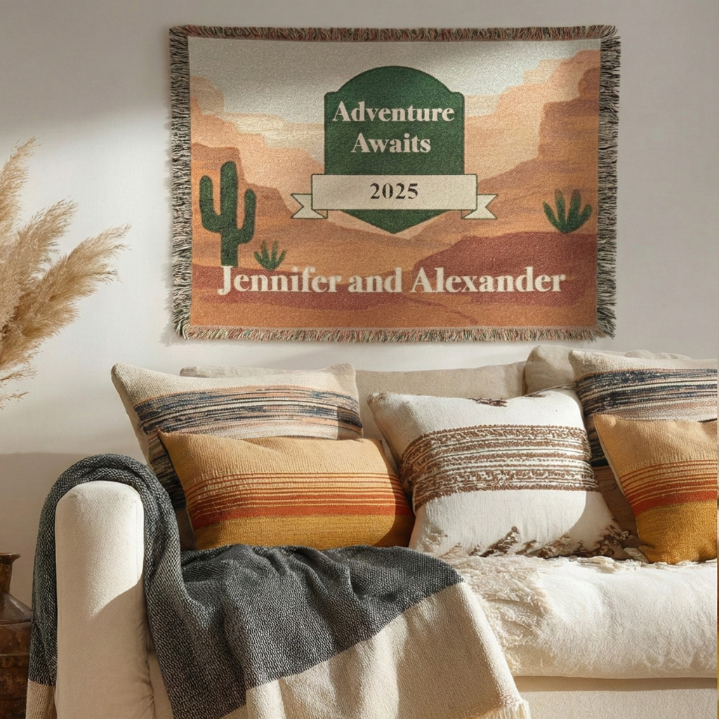 Personalized Woven Blanket - Custom Throw with Names and Year in Desert Design