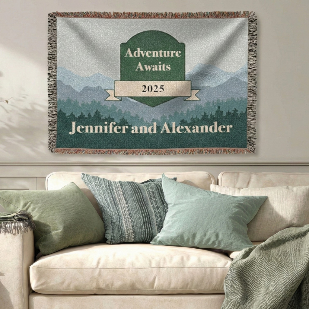 Personalized Woven Blanket - Custom Throw with Names and Year in Mountain Design