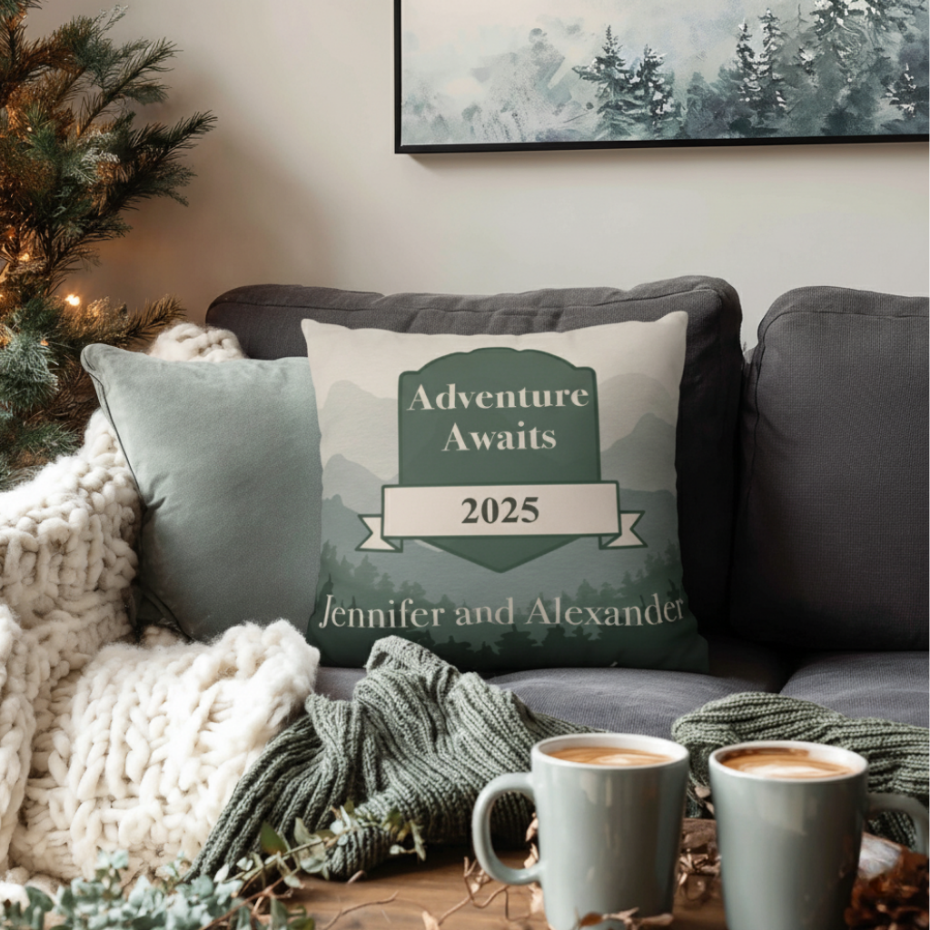 Personalized Pillow Cover - Custom Throw Pillow with Names and Year in Mountain Design
