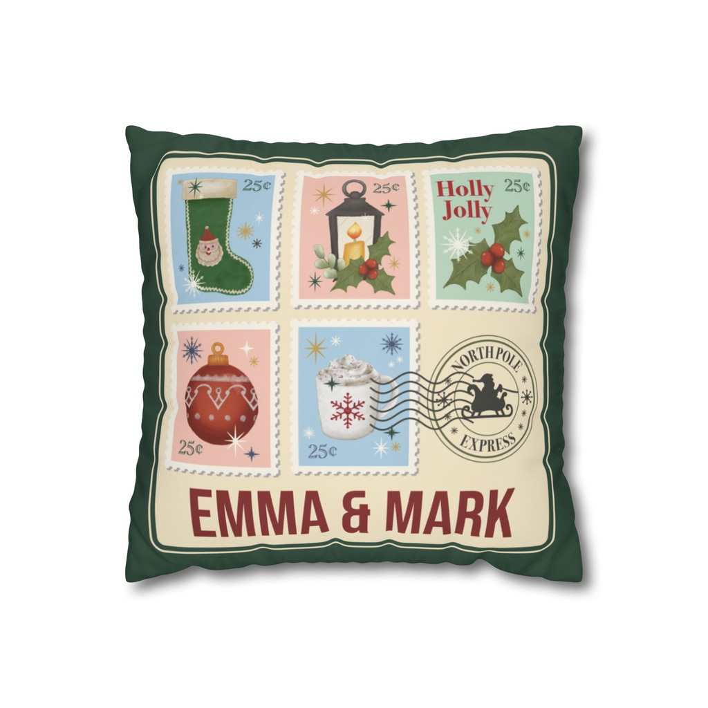 Personalized Christmas Pillow Cover - Custom Holiday Throw Pillow with Names in Vintage Stamp Design