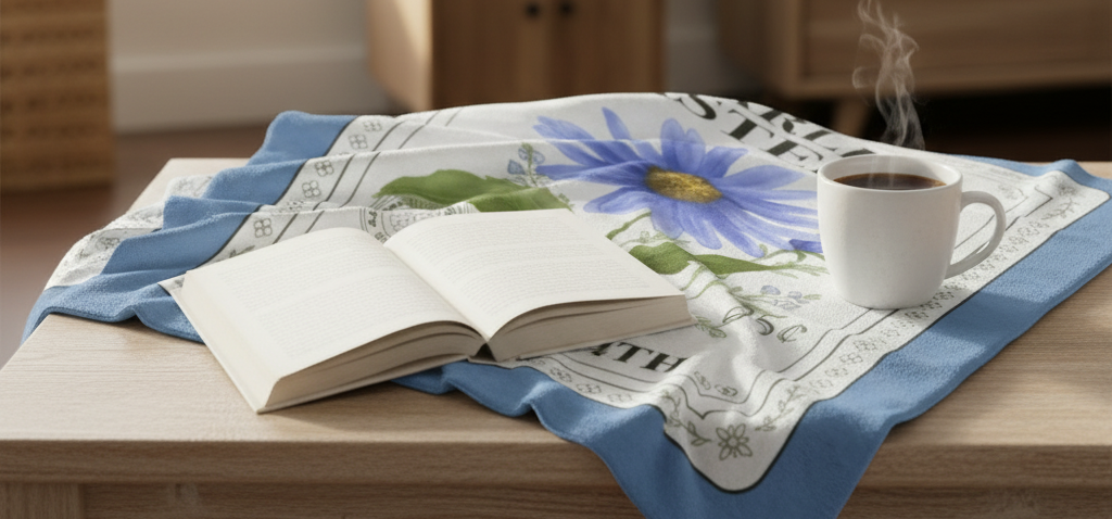 Seed Packet Velveteen Plush Blanket on table with book and coffee