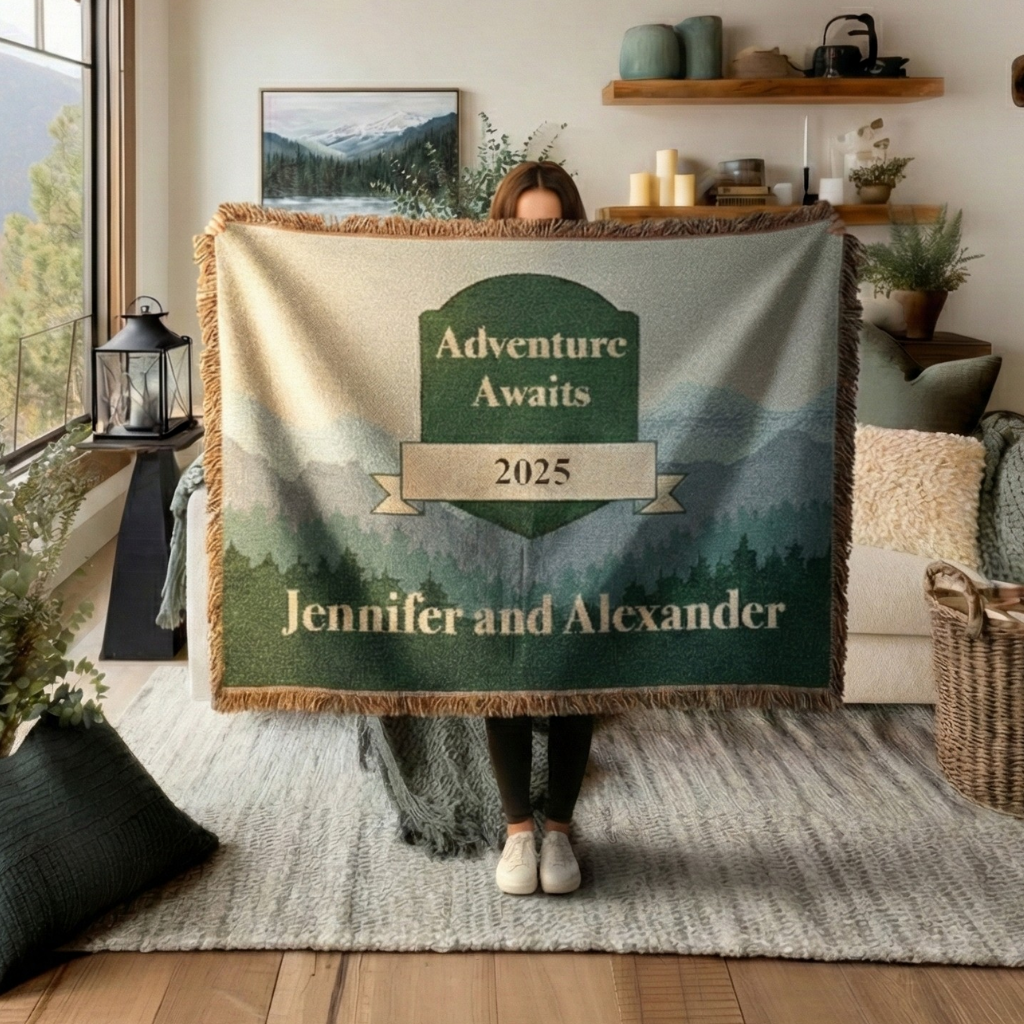 Woman holding personalized mountain design blanket - full body