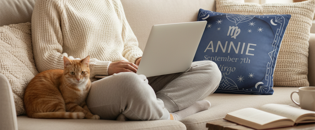 Woman on couch with orange cat and Blue Zodiac pillowcase